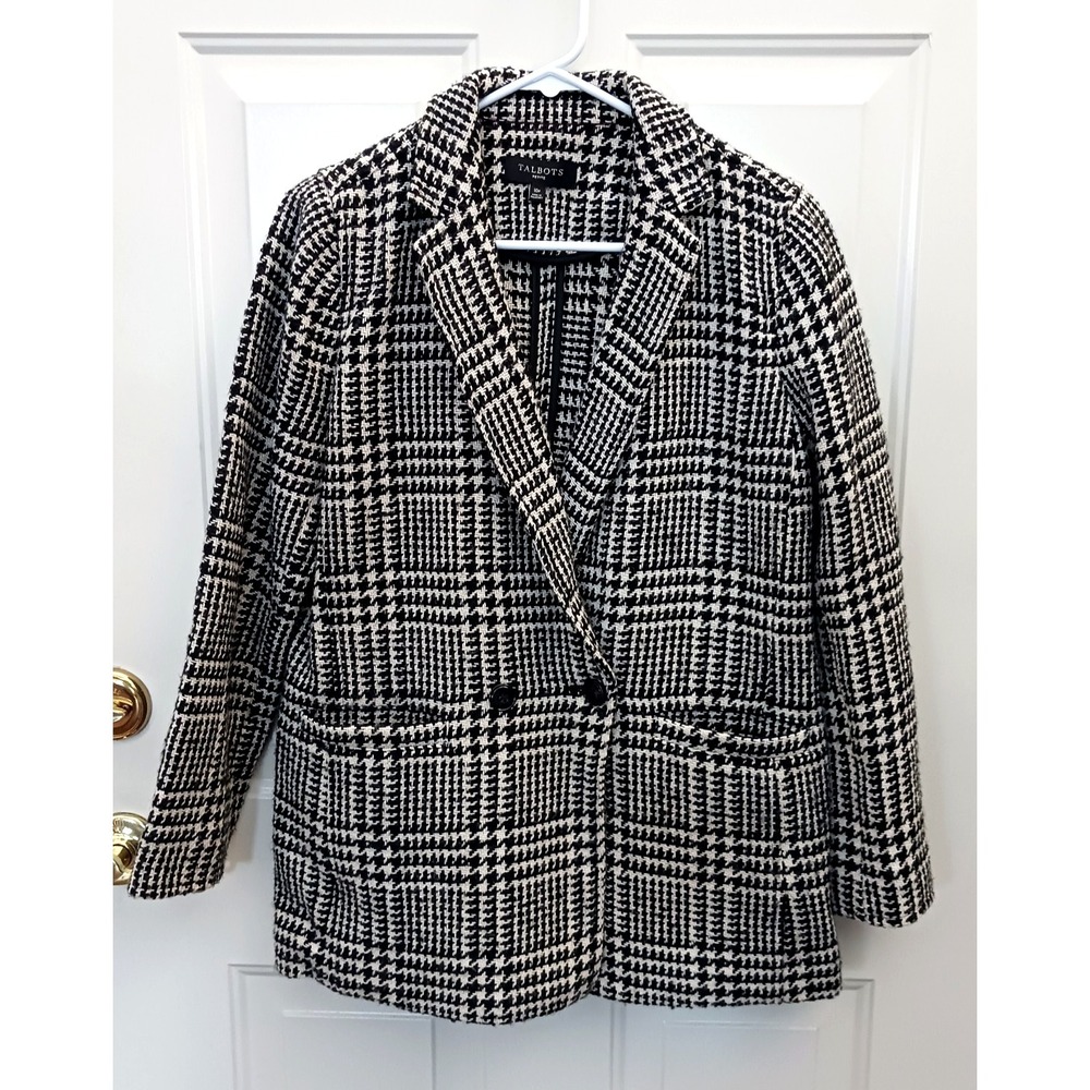 Talbots 10P Petite Wool Blend Houndstooth Blazer Preppy Double Breast
